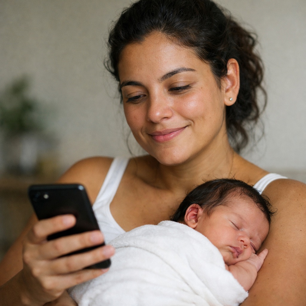 Mãe com bebê no colo concluindo atendimento pelo celular